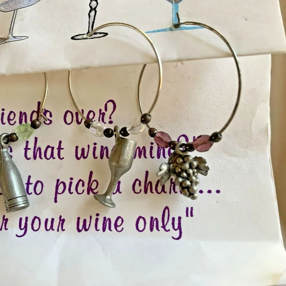 Vintage Pewter Glass Charms Cocktail Wine Set of 6 Holiday Beaded Rings Cute
